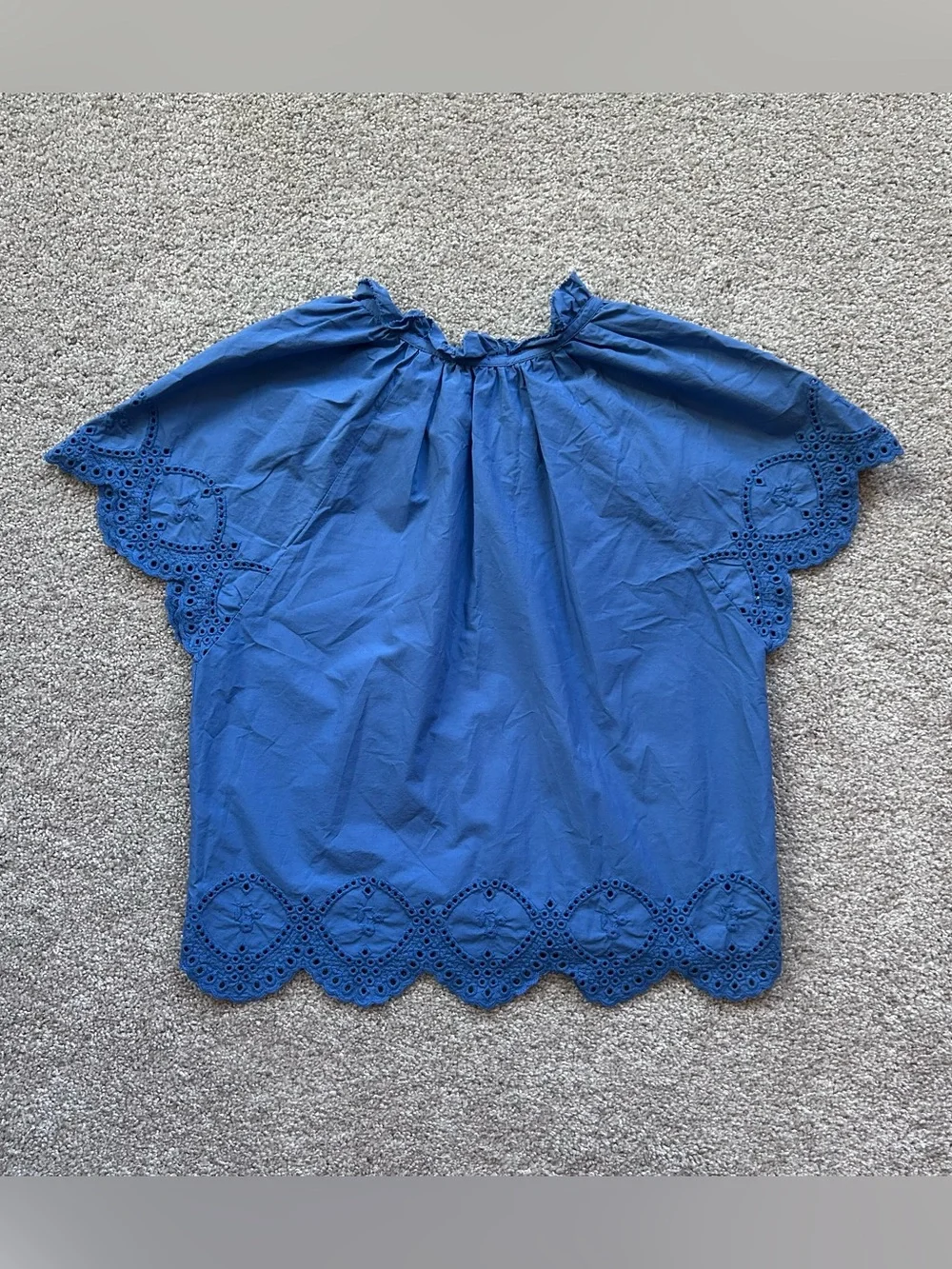 SUNDAYS Blue Eyelet Embroidered Ruffle Neck Top Small (AS IS Tear under arm)
